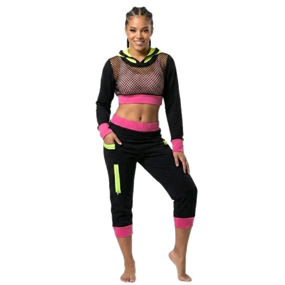 Funky Diva Y2K 2pc Dance Outfit Fishnet Crop Top Capri Jogger Neon Womens Size L